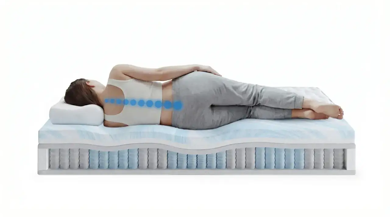 Frau liegt auf einem Boxspringbett, das die Wirbelsäule optimal stützt. Die Federkernschicht zeigt, was ein Boxspringbett ausmacht.