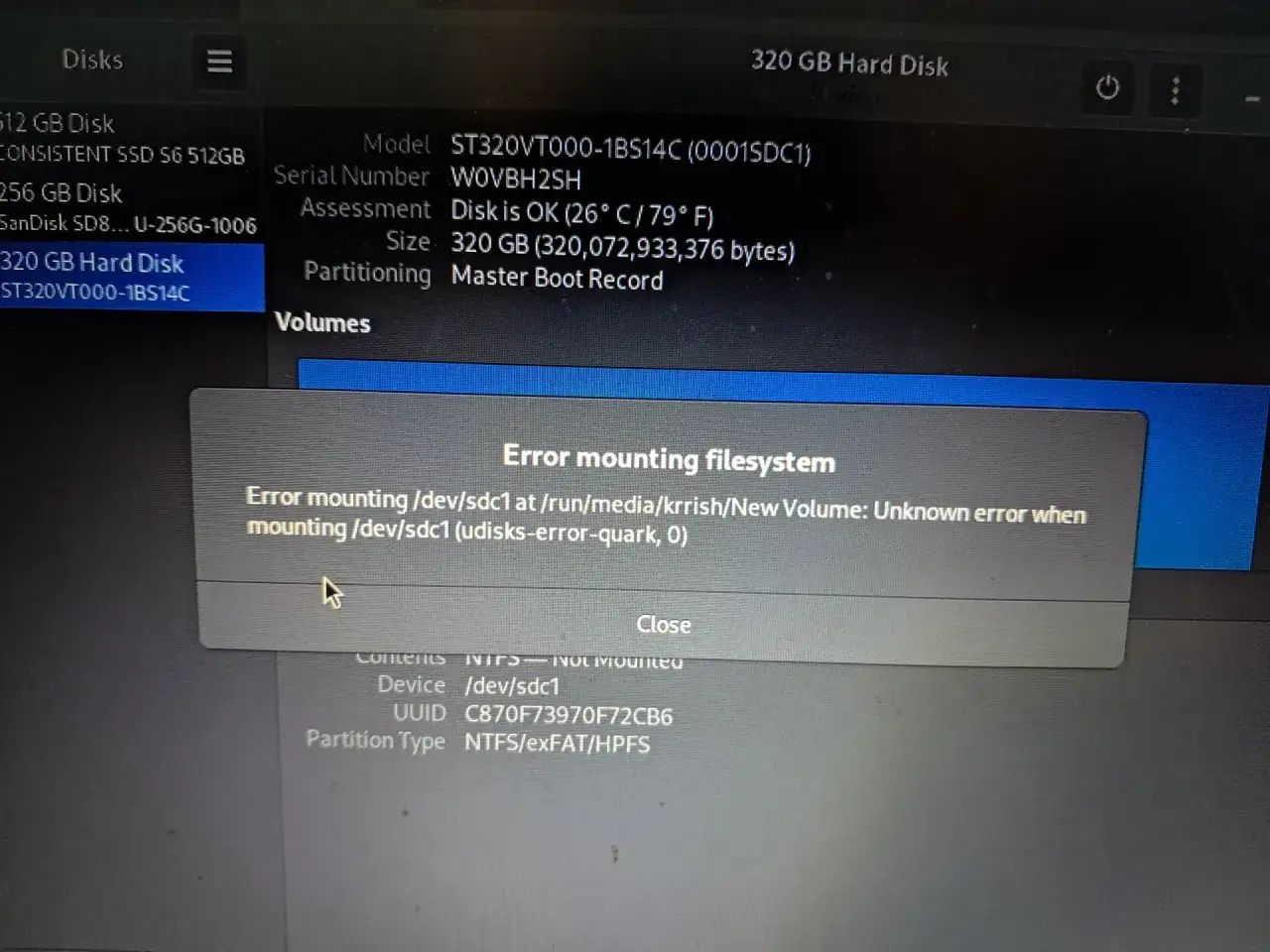 Komputer nie widzi pendrive. Błąd montowania systemu plików na /dev/sdc1.
