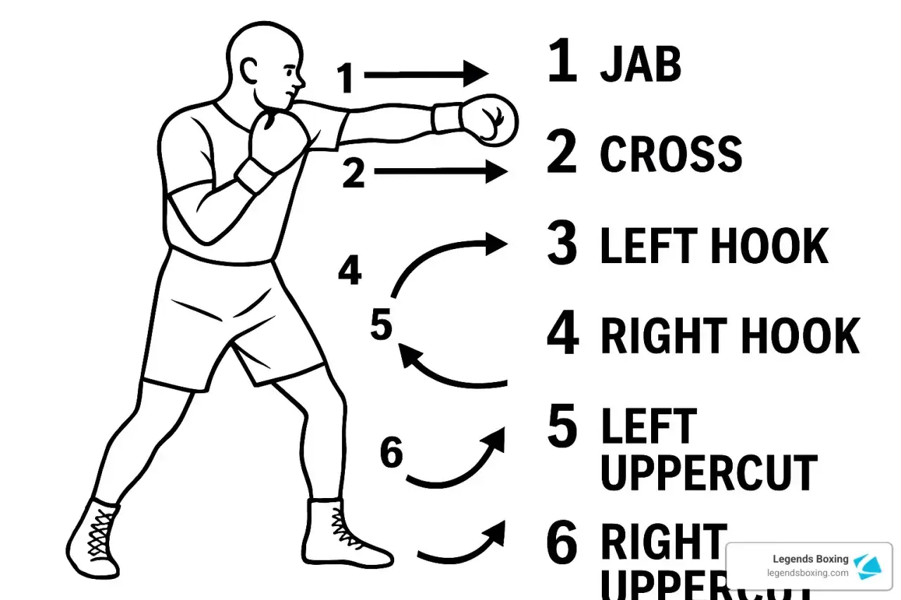 Diagram illustrating basic boxing punches: jab, cross, left hook, right hook, left uppercut, and right uppercut.