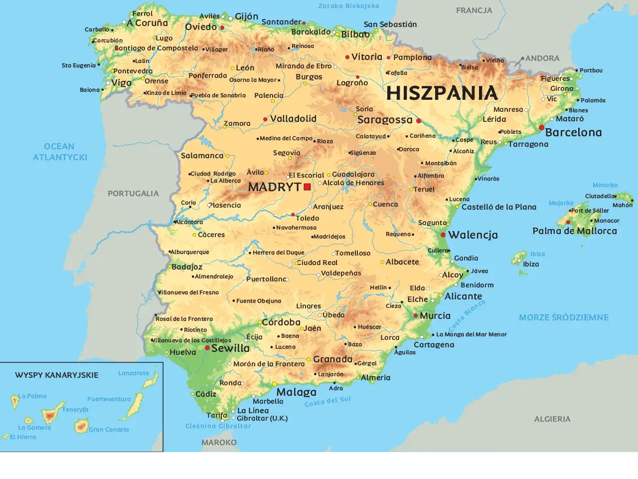 Mapa Hiszpanii z zaznaczonymi miastami, gdzie jest Barcelona.