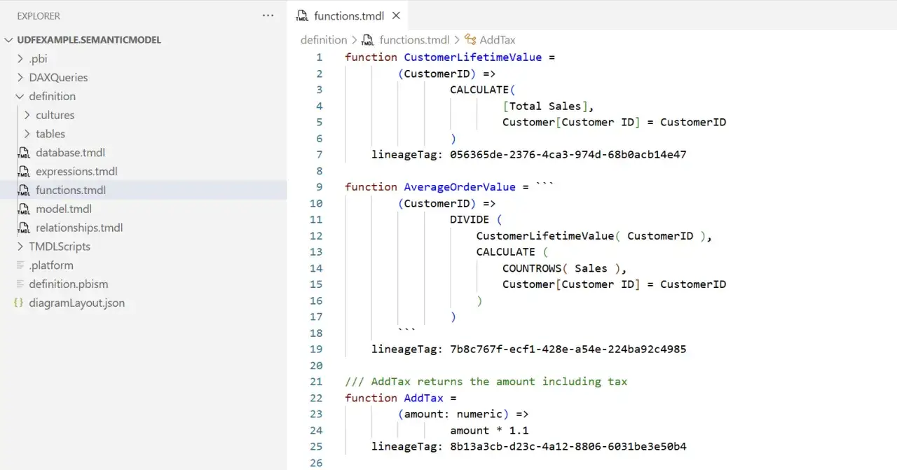 Codice DAX in Power BI per calcolare il valore del cliente e l'aggiunta di tasse.