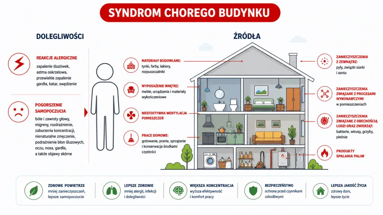 Ilustracja przedstawia syndrom chorego budynku, jego objawy (alergie, złe samopoczucie) i źr&oacute;dła (materiały budowlane, wentylacja, zanieczyszczenia).