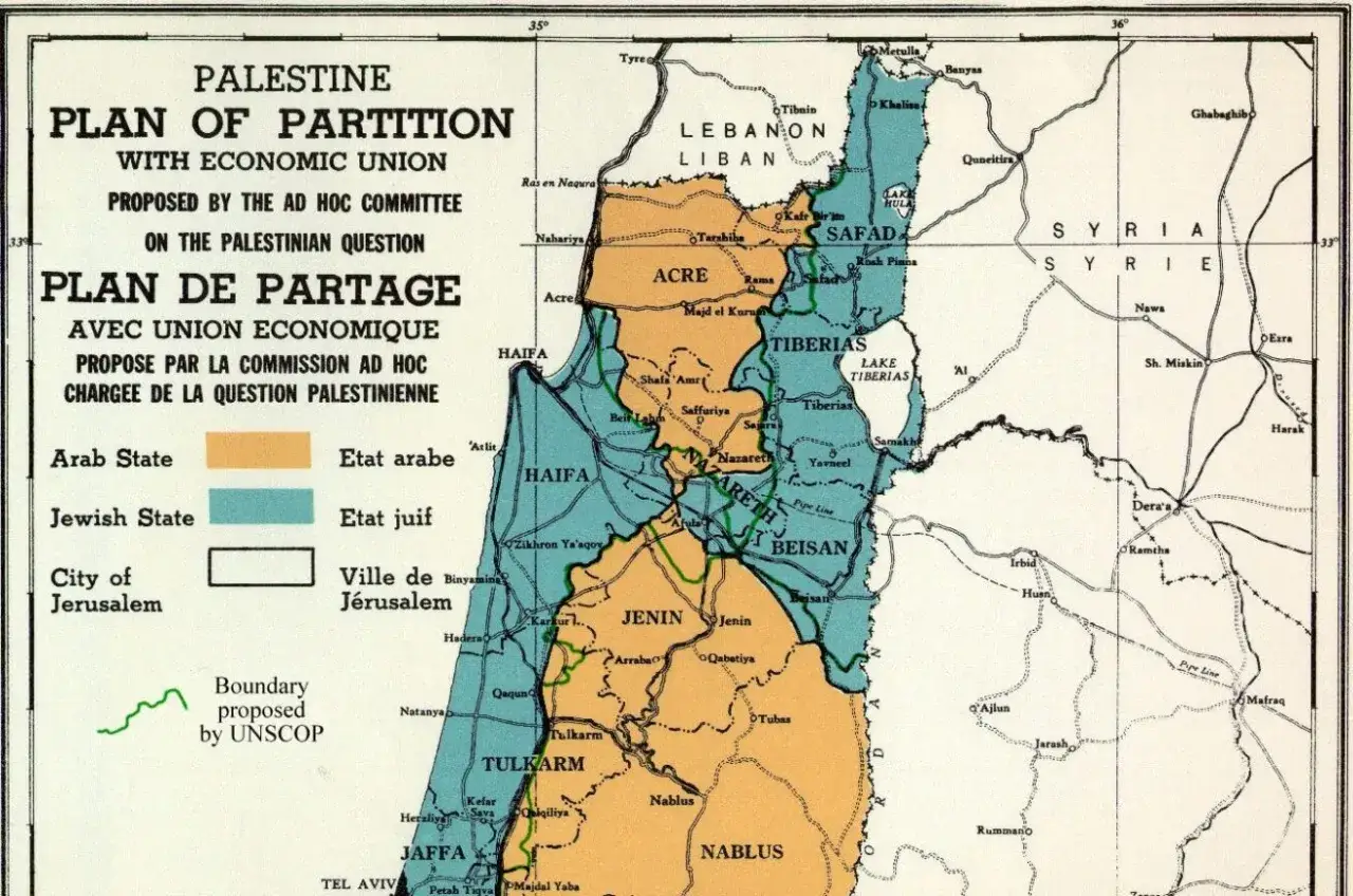 Mapa del Plan de Partici&oacute;n de Palestina, mostrando la propuesta de la creaci&oacute;n del estado de Israel y el estado &aacute;rabe, con Jerusal&eacute;n como ciudad internacional.