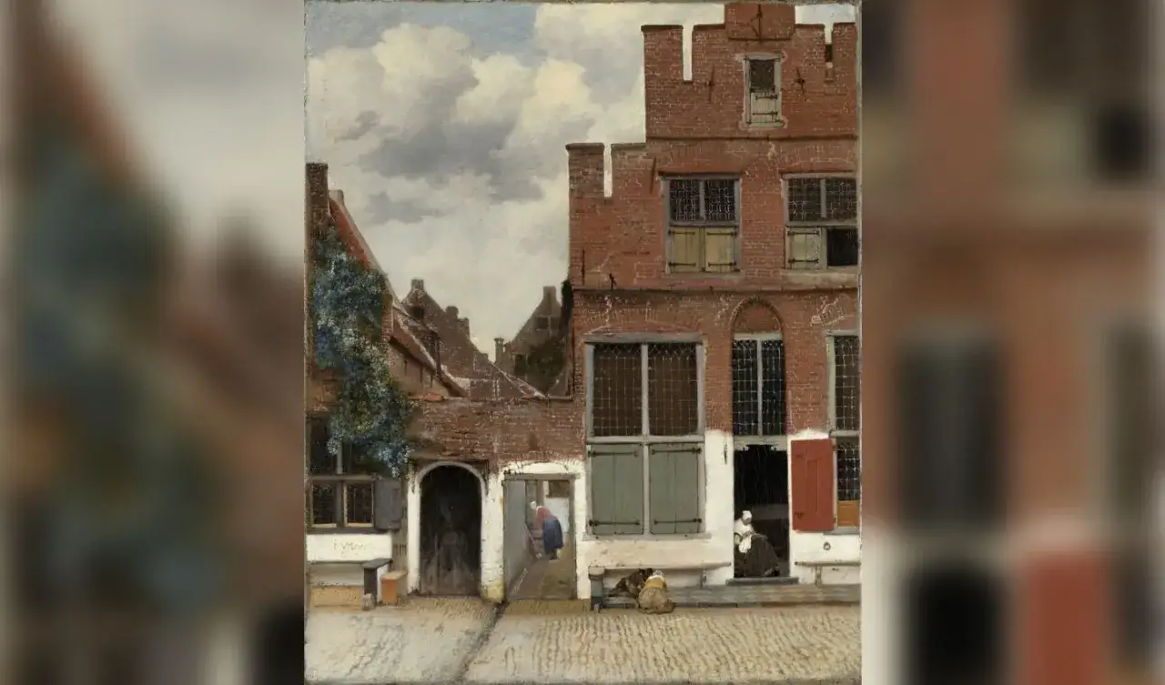 Het straatje van Vermeer toont een rustige Hollandse straat met bakstenen huizen, een vrouw bij een deuropening en een kindje dat speelt.