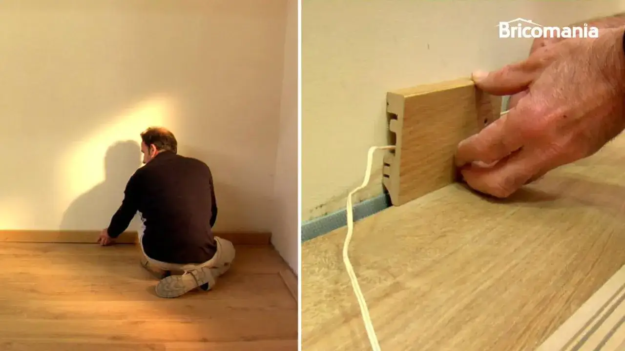 Hombre instalando rodapiés de madera. Aprende como poner rodapiés fácilmente con este tutorial.