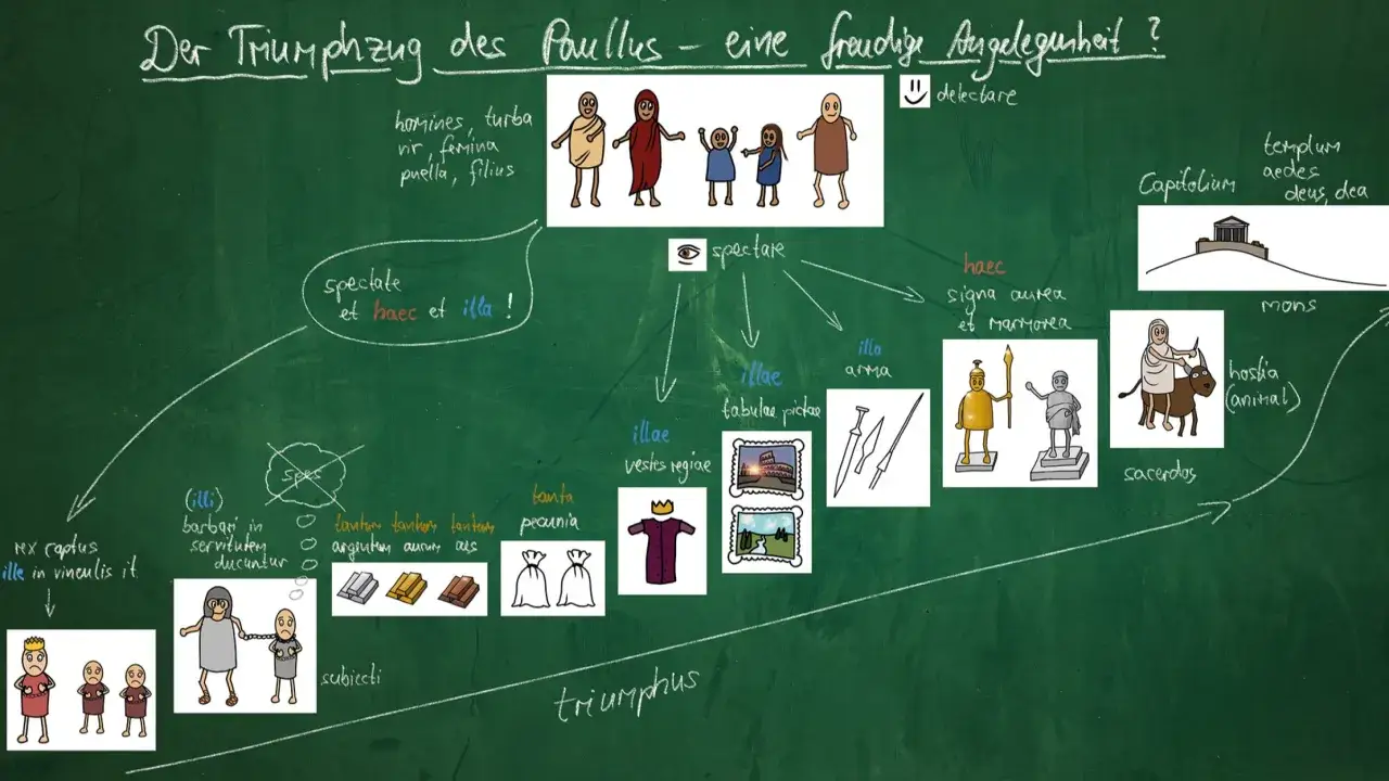 Eine Tafel mit einem Flussdiagramm &uuml;ber den Triumphzug des Paullus. Perfekt f&uuml;r die Grundschule, um lateinische Begriffe und r&ouml;mische Kultur zu lernen.