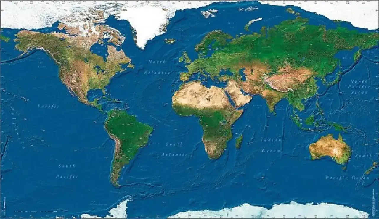 Mapa świata z widocznymi kontynentami i oceanami. Wyobraź sobie, że to największe miasto świata pod względem powierzchni, pełne różnorodności.