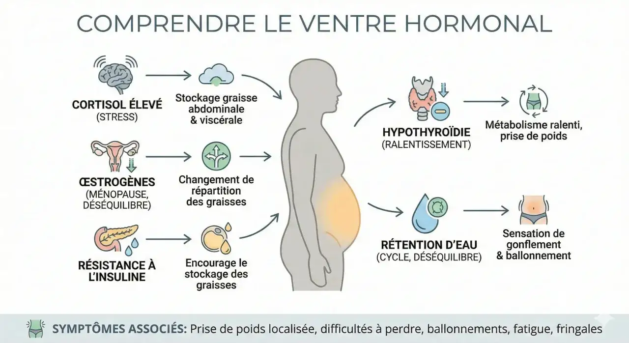 Schéma expliquant le ventre hormonal : stress, œstrogènes, résistance à l'insuline, hypothyroïdie et rétention d'eau contribuent à un gonflé ventre hormonal.