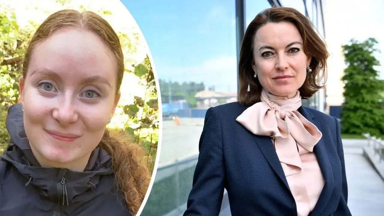 Tv&aring; portr&auml;tt av Ida Kjos. Till v&auml;nster en ung kvinna utomhus, till h&ouml;ger en kvinna i kostym med en stor rosett.