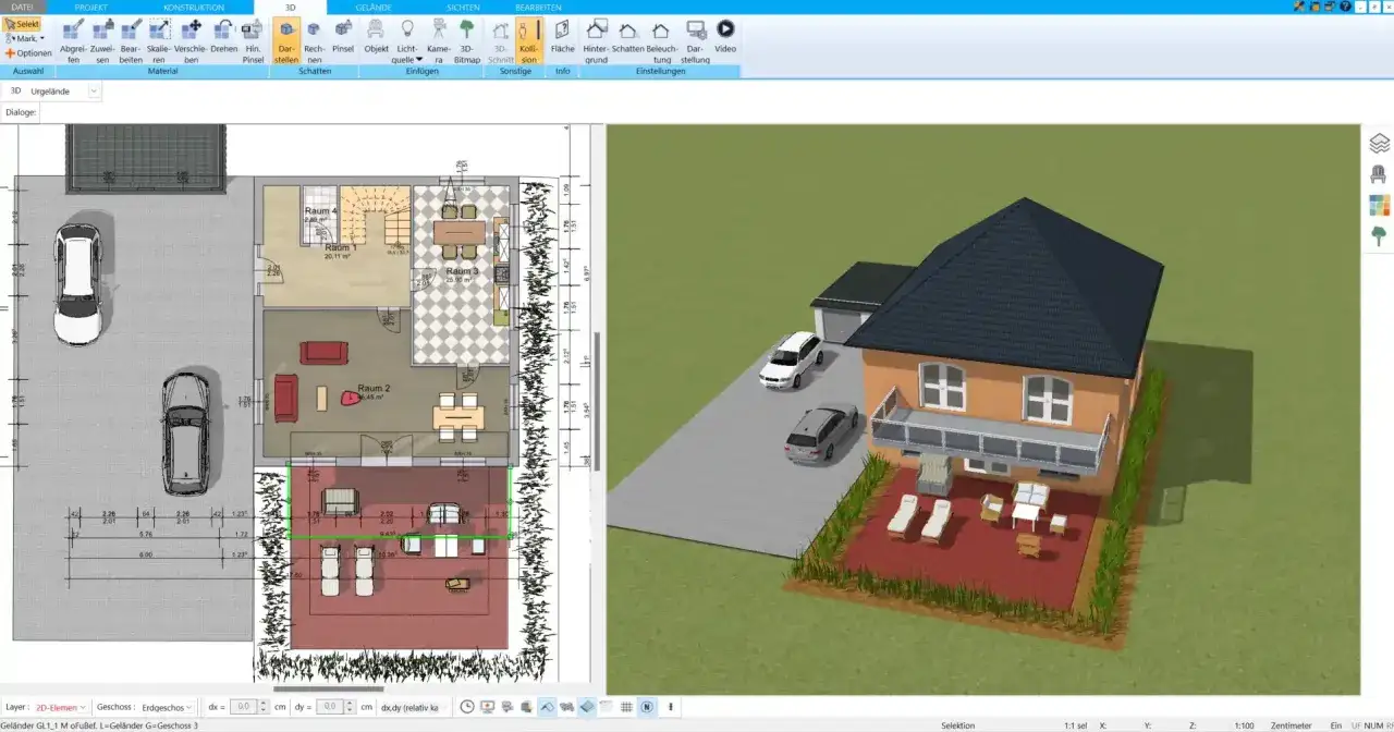 Ein 3D-Grundriss zeigt einen nurdachhaus bauplan mit Autos, Gartenmöbeln und einem detaillierten Grundriss des Erdgeschosses.