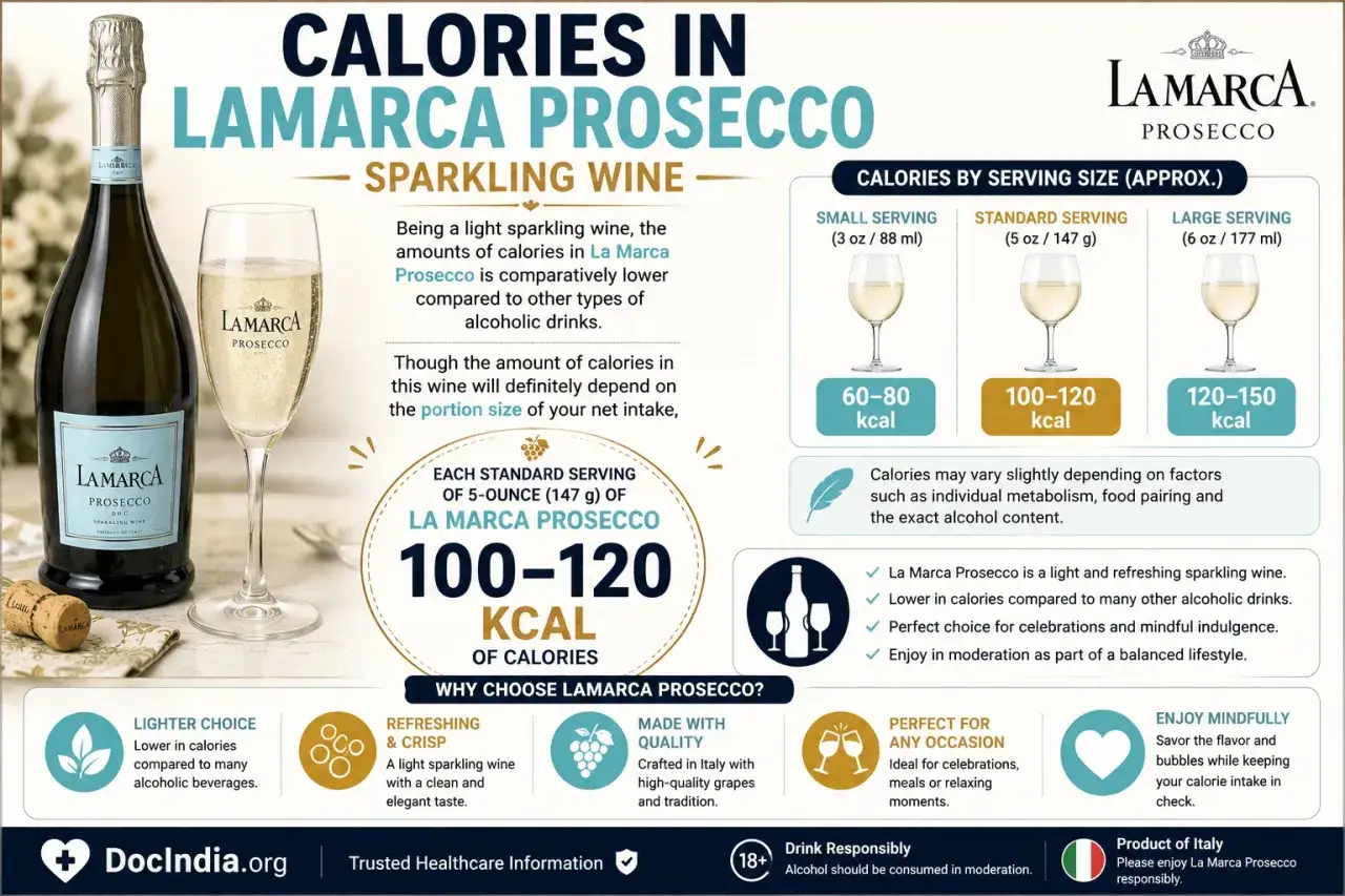 La Marca Prosecco hat 100-120 Kalorien pro Standardportion. Genie&szlig;e die prickelnde Freude und behalte deine Prosecco Kalorien im Blick.