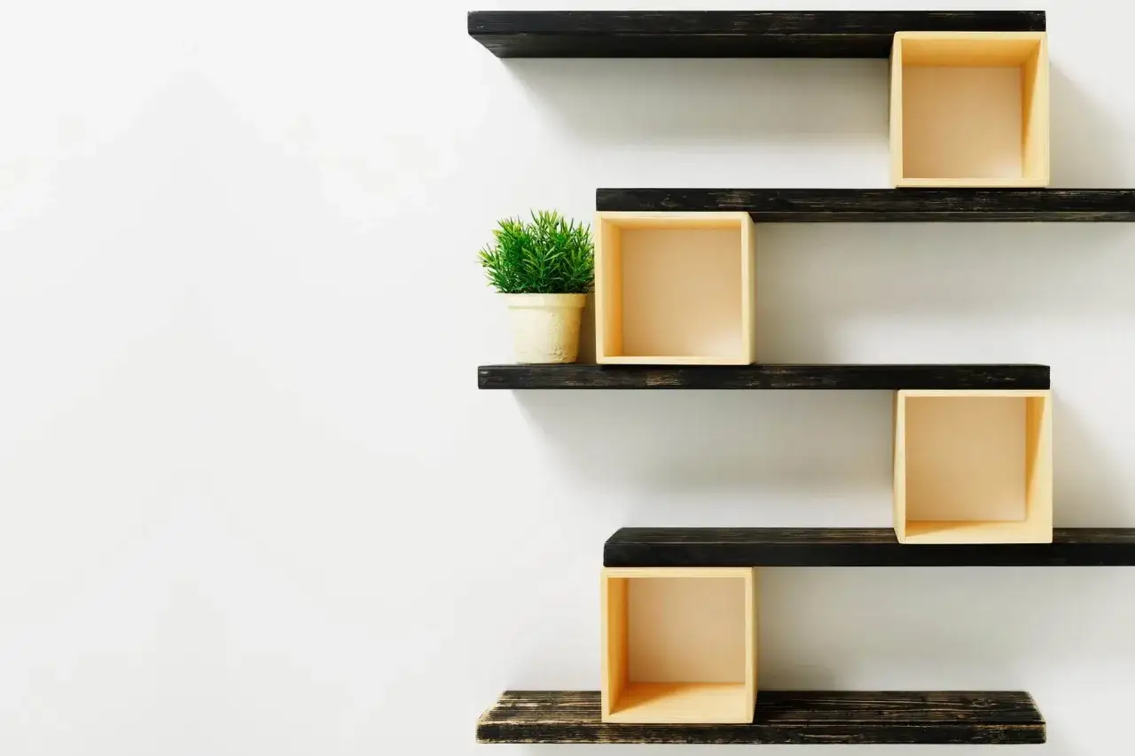 Scaffali in legno fai da te con cubi contenitori e una piantina.