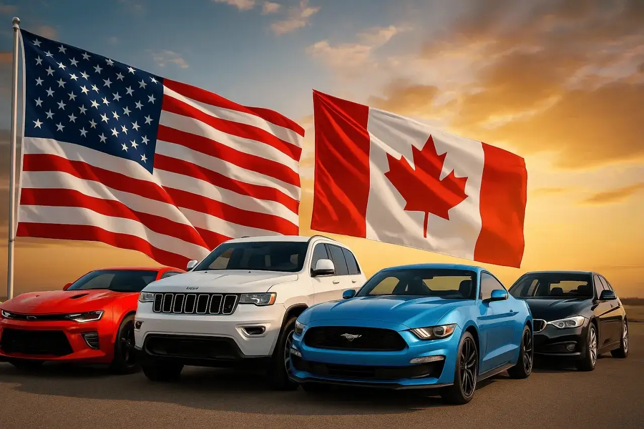 Amerykańskie samochody: czerwony Chevrolet, biały Jeep, niebieski Mustang i czarny sedan pod flagami USA i Kanady.