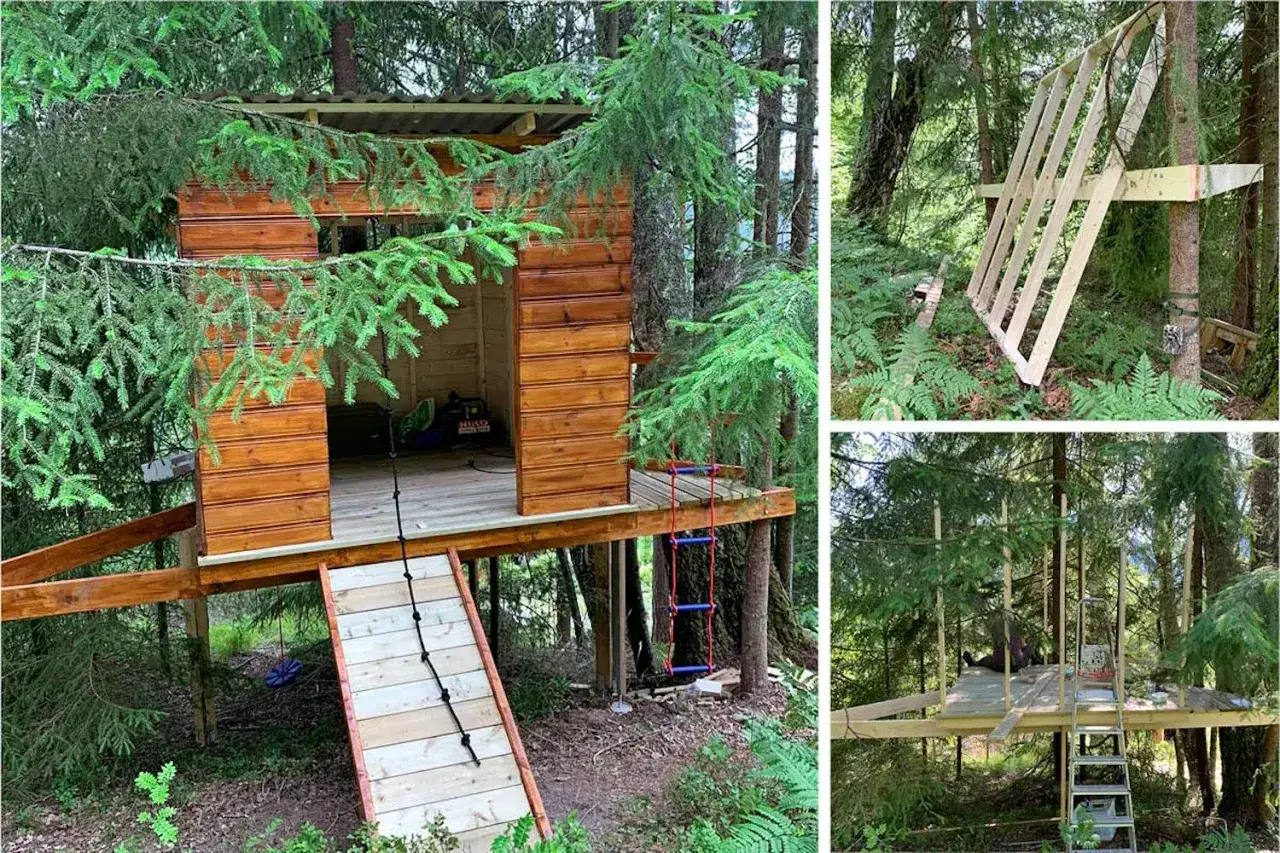 Bygga stege till ett tr&auml;dkoja i skogen. Tr&auml;dkojan &auml;r av tr&auml; och har en repstege och en ramp.