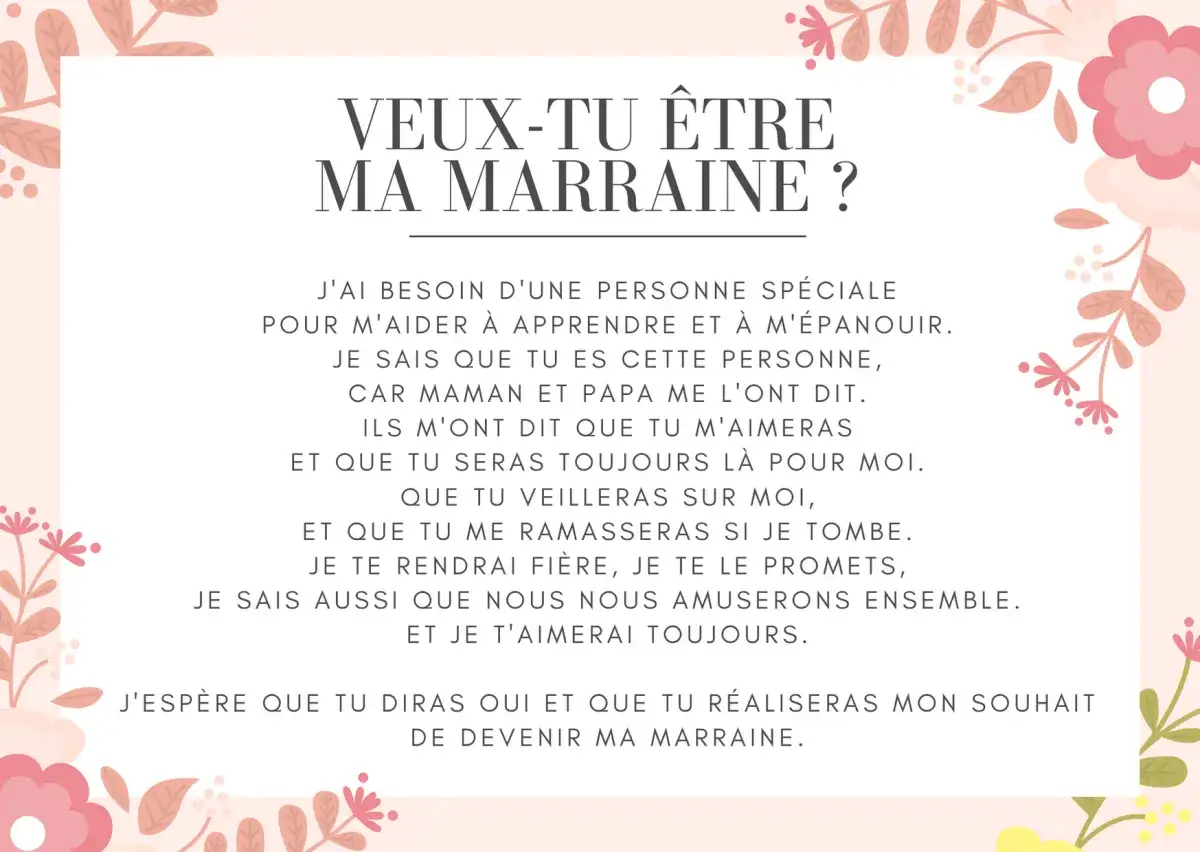 Une demande de parrain avec un texte doux et des fleurs roses.