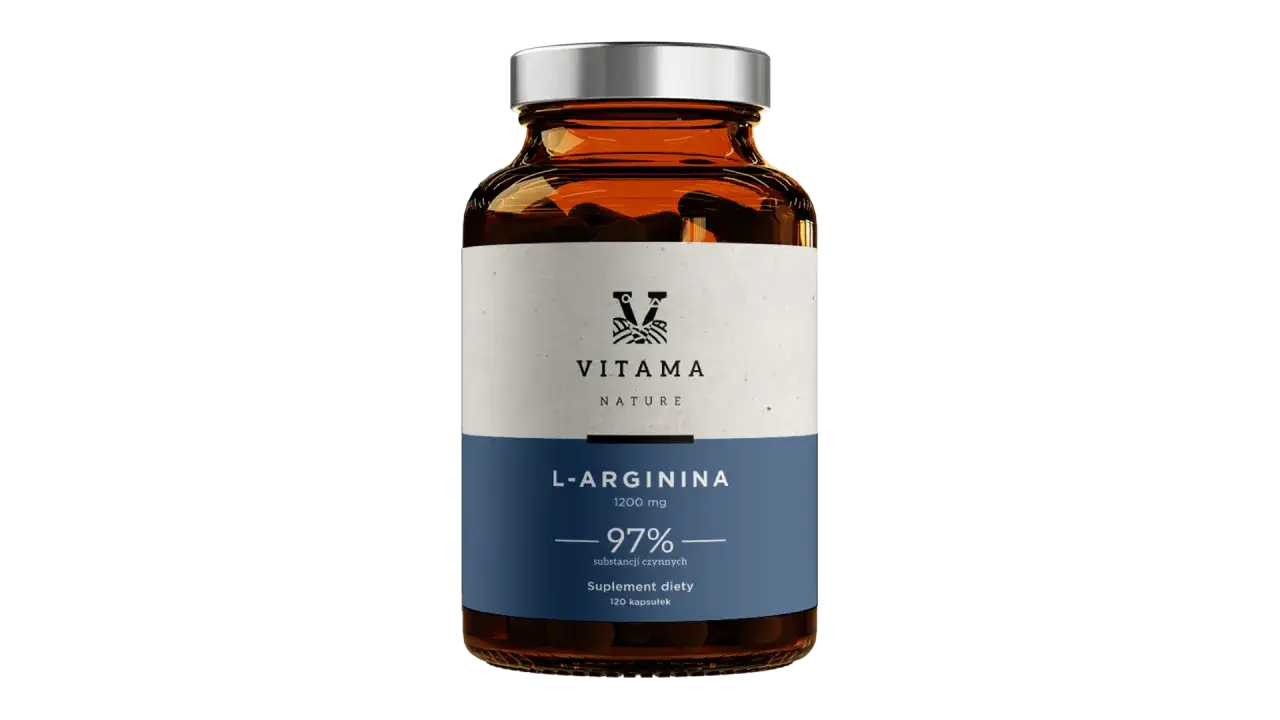 Szukasz l-arginina jaka najlepsza? Butelka suplementu diety Vitama Nature L-Arginina 1200 mg, 97% substancji czynnych, 120 kapsułek.