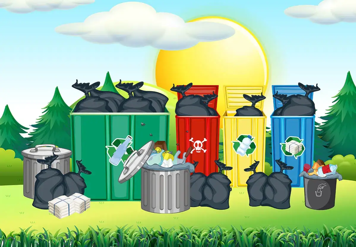Dlaczego w koszu na śmieci śmierdzi mimo stosowania worków i częstego opróżniania? Ilustracja pokazuje przepełnione śmietniki, z których wydobywa się nieprzyjemny zapach, przyciągając muchy.