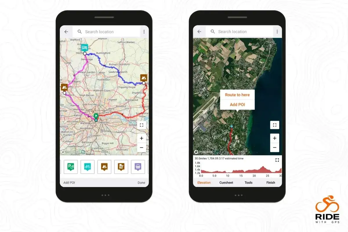 Aplikacja na rower iPhone pokazuje mapę z trasami. Na jednym ekranie widać trasę wokół Londynu, na drugim trasę nad jeziorem z profilem wysokości.