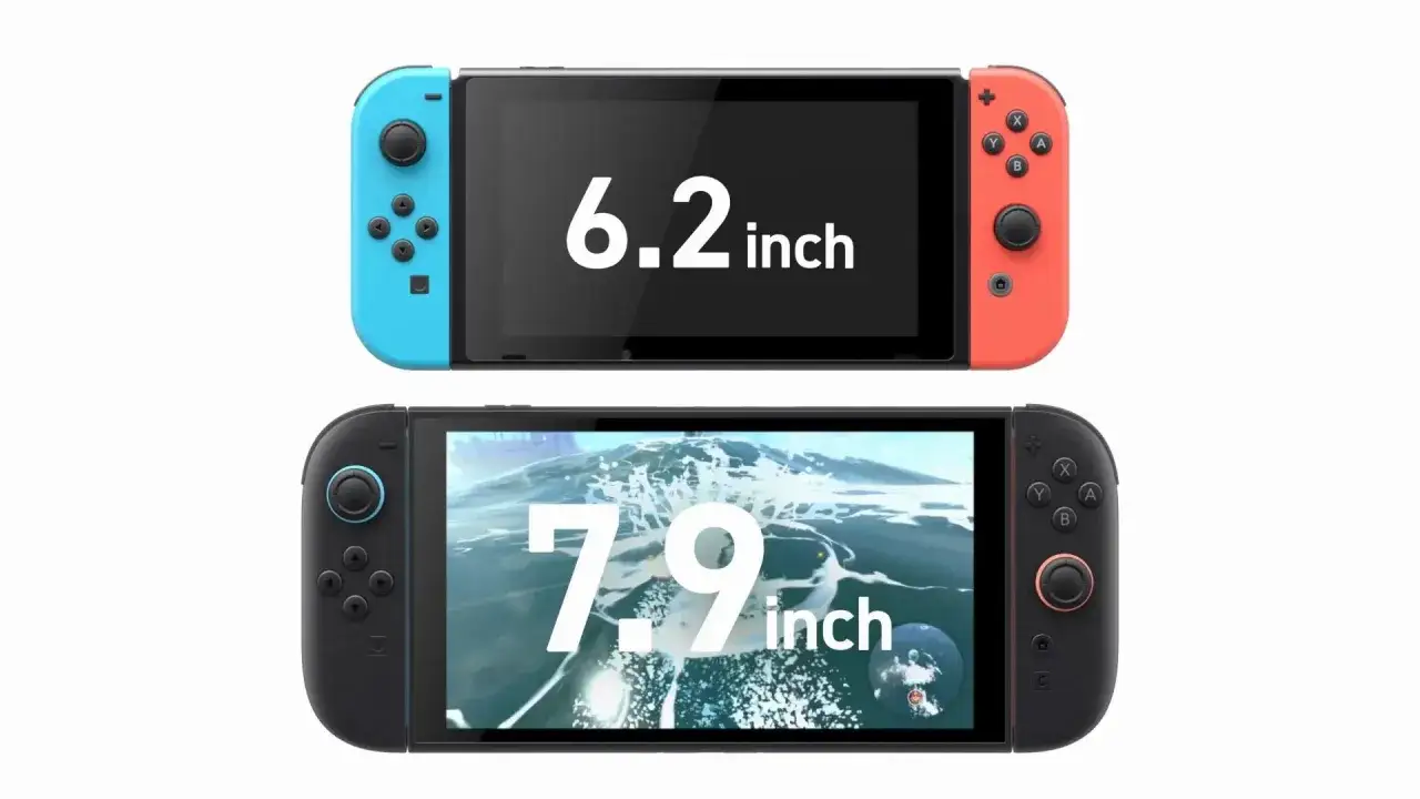 Dwa modele konsoli Nintendo Switch: starszy z ekranem 6.2 cala i nowszy, większy Switch OLED z ekranem 7.9 cala.