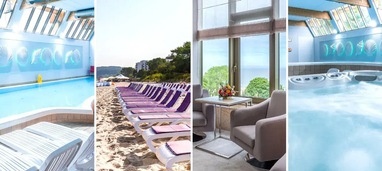 Tanie hotele z basenem nad morzem: relaks w basenie, plaża z leżakami, widok na morze i jacuzzi.