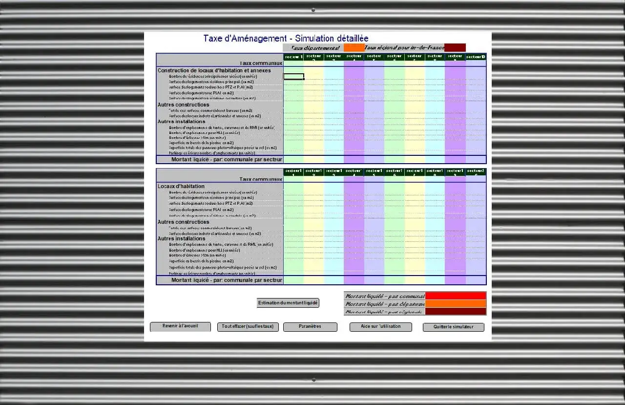 Simulation d&eacute;taill&eacute;e de la taxe d'am&eacute;nagement : calcul des montants pour chaque secteur.