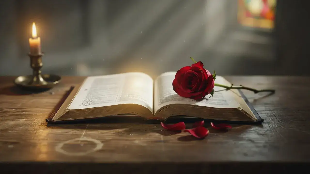 Otwarta księga, na niej czerwona r&oacute;ża i płatki. Obok płonie świeca. W tle widać witraż. To inspiracja do rozważań nad psalm 90 tekst.