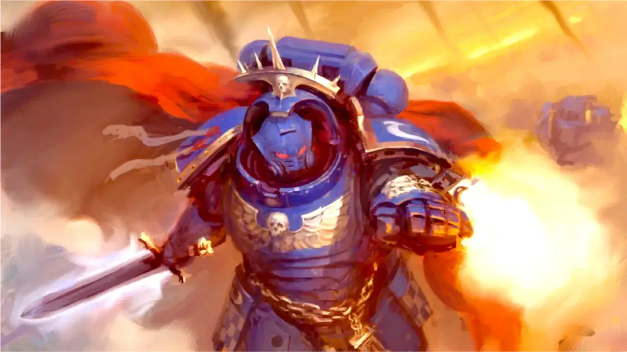 Kosmiczny Marines w niebieskiej zbroi, z mieczem i płomieniami, walczy w imieniu Imperium. To jedna z wielu potężnych **Warhammer 40k frakcje**.
