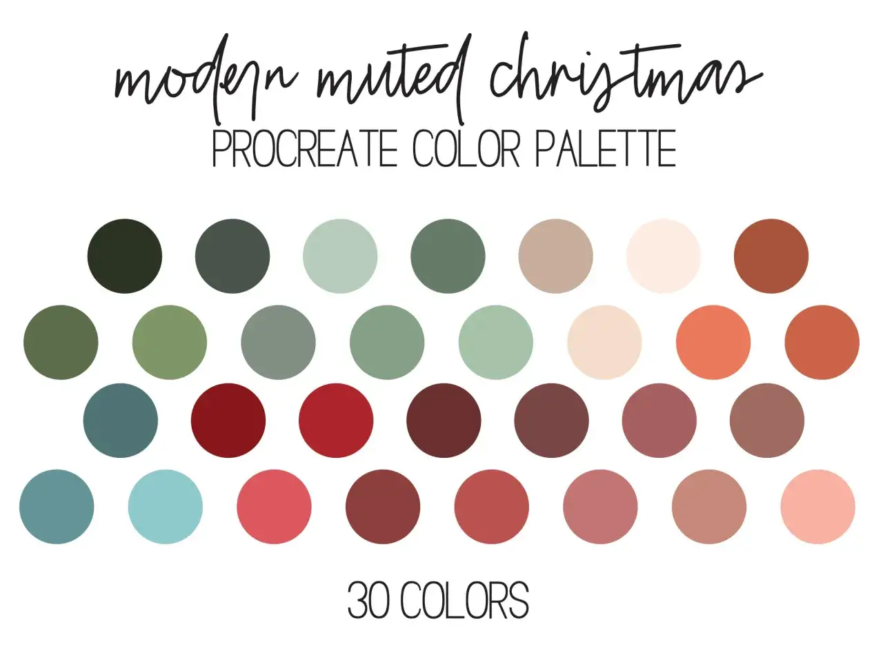 A Procreate color palette featuring 30 muted holiday color schemes, perfect for a modern Christmas aesthetic.