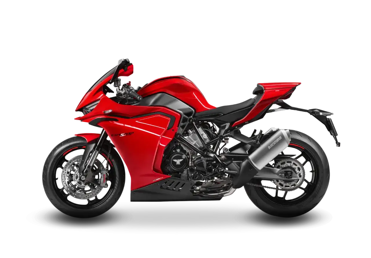 Moto Morini Corsaro Sport roja, una máquina deportiva con líneas agresivas y un motor expuesto.