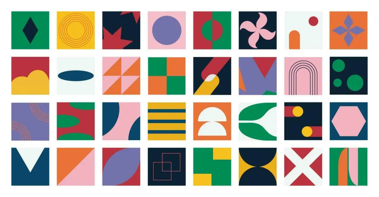 A grid of colorful abstract shapes and patterns, evoking a vibrant 70s aesthetic.