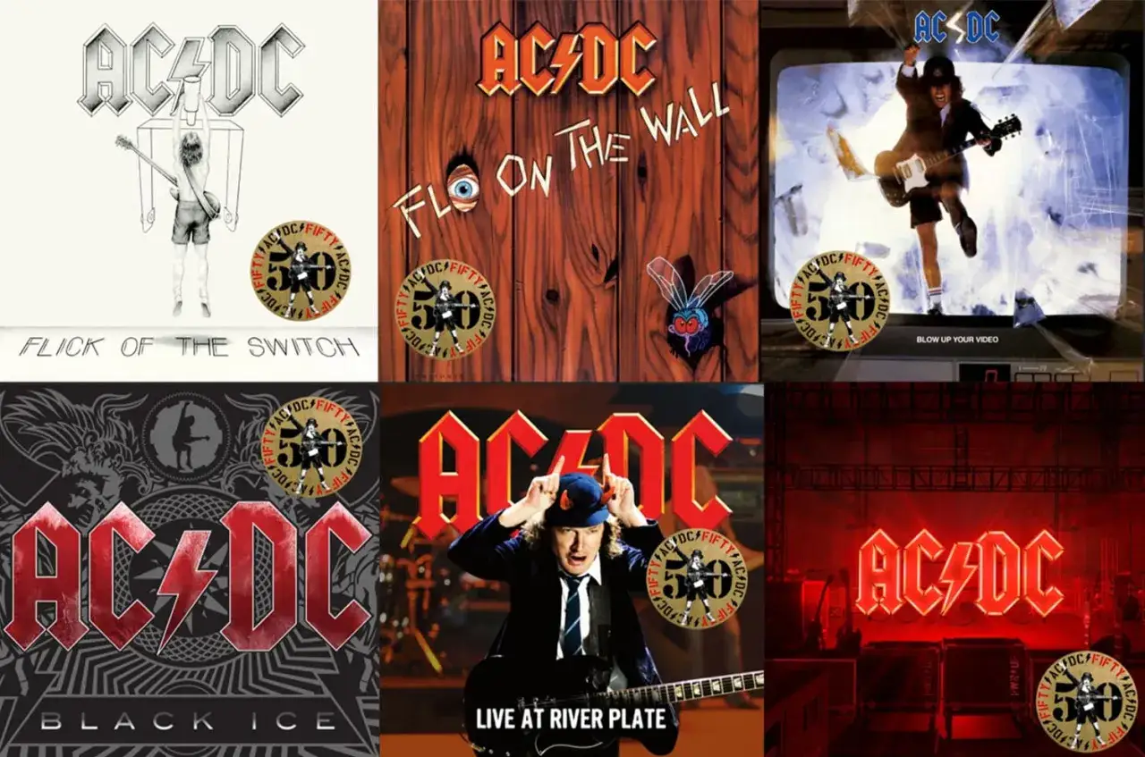 Collage d'albums de AC/DC : Flick of the Switch, Fly on the Wall, Blow Up Your Video, Black Ice, Live at River Plate.