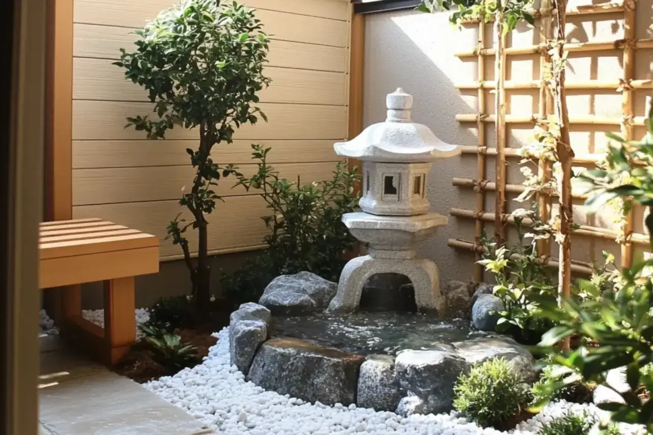 Petit coin de verdure avec lanterne japonaise et cascade. Idéal pour faire un jardin zen pas cher et apaisant.