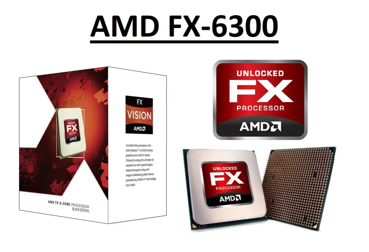 AMD FX-6300 processor, låst upp för prestanda. Bilden visar en låda, en logotyp och själva processorn.