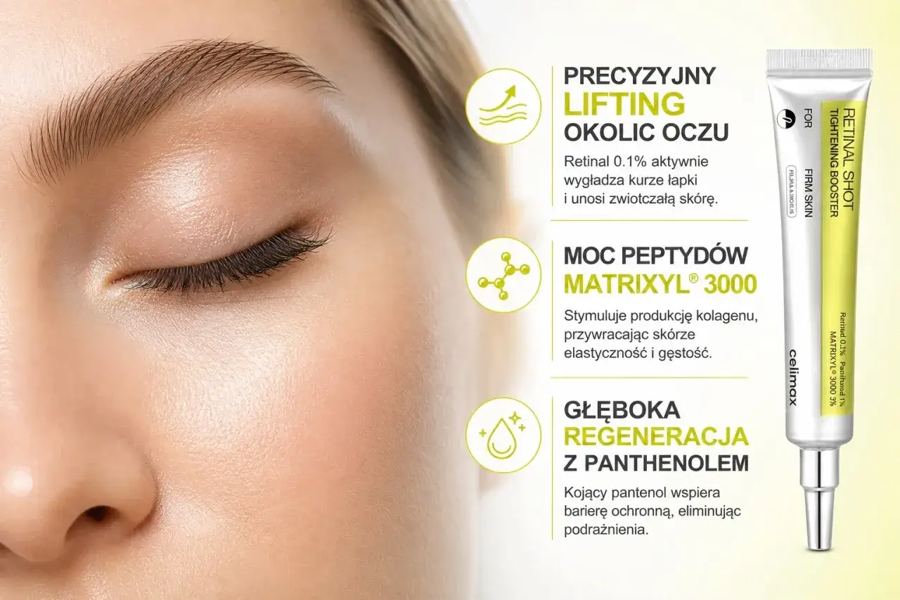 Skóra wokół oczu zyskuje lifting dzięki retinalowi 0,1%. Produkt zawiera peptydy Matrixyl 3000 i pantenol.