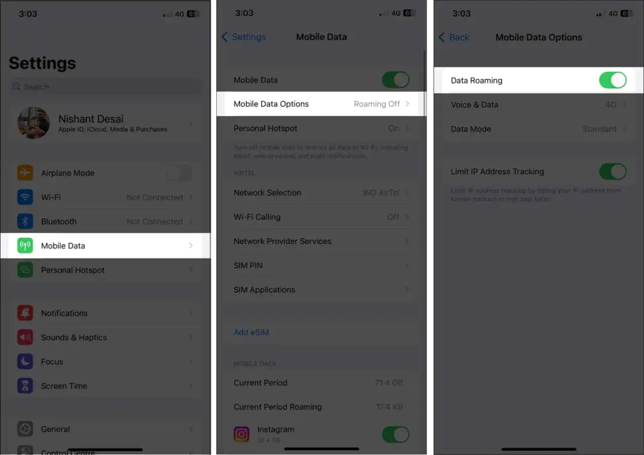 Ustawienia telefonu pokazują, że roaming danych jest włączony. Czy w Turcji jest roaming? Tak, jeśli masz włączoną tę opcję.