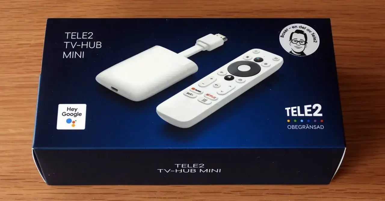 Tele2 TV-Hub Mini med fj&auml;rrkontroll och Google Assistant. Perfekt f&ouml;r tv via mobilt bredband.