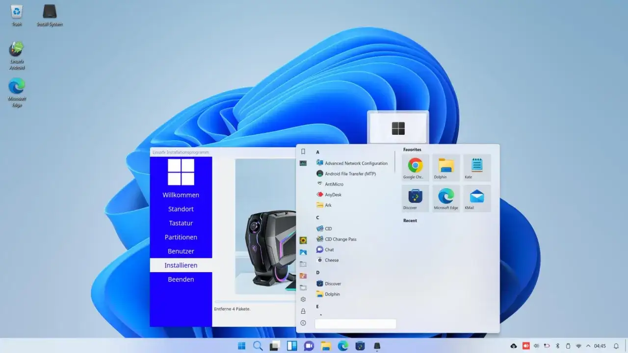 Desktop mit Windows 11 und einem Installationsprogramm f&uuml;r Linuxfx. Die Auswahlm&ouml;glichkeiten sind Willkommen, Standort, Tastatur, Partitionen, Benutzer, Installieren und Beenden.