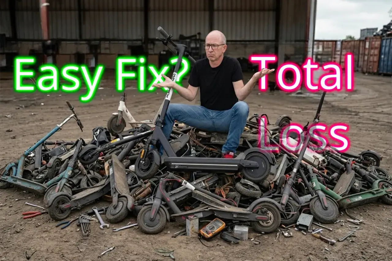 Un homme assis sur une pile de trottinettes &eacute;lectriques hors d'usage. Une trottinette &eacute;lectrique qui s'arr&ecirc;te en roulant, un probl&egrave;me courant ?