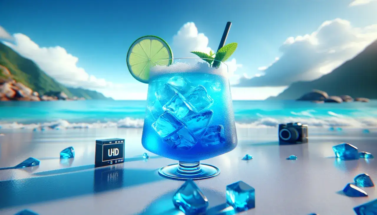 Orzeźwiający blue lagoon drink z lodem i limonką na plaży. Obok aparat i pudełko UHD.