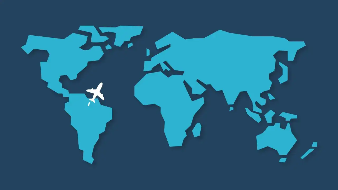 Weltkarte mit Flugzeug, das über Südamerika fliegt. Hier finden Sie Ihre around the world ticket erfahrungen.