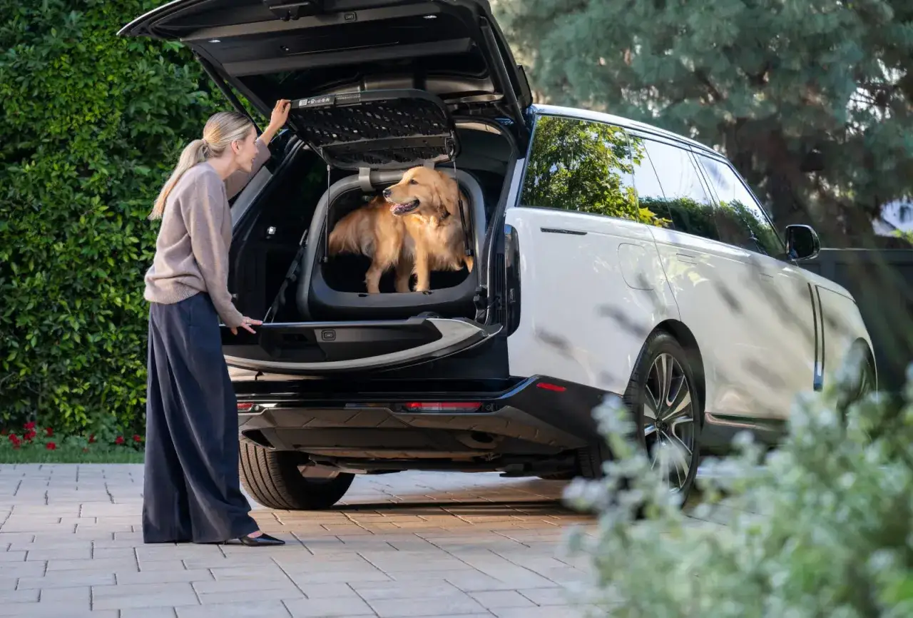 Kobieta pomaga złotemu retrieverowi wejść do transportera w bagażniku SUV-a. Bezpieczne i wygodne rozwiązanie, jak przewozić psa w bagażniku.