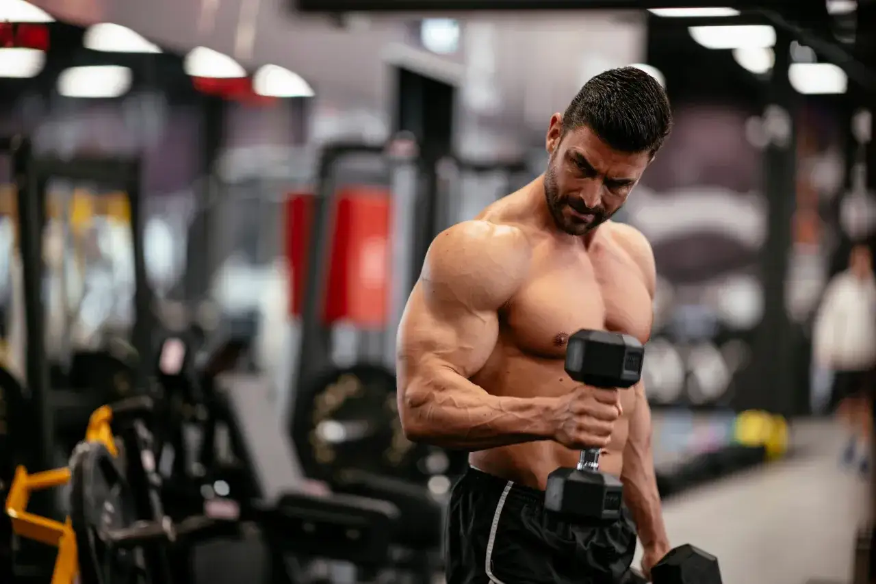 Ein muskul&ouml;ser Mann trainiert seinen bizeps im Fitnessstudio mit Hanteln.