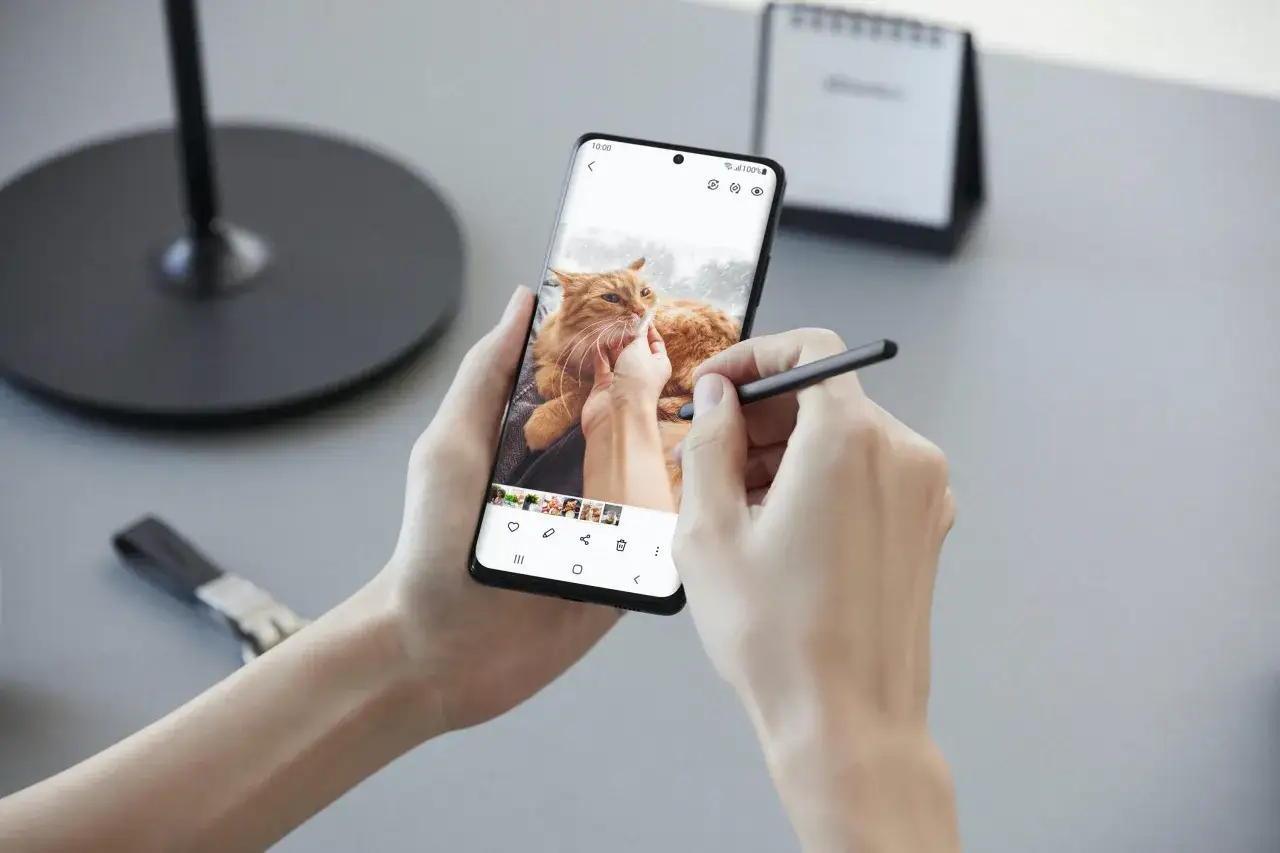 Dłonie trzymają smartfon Samsung S21, na ekranie zdjęcie rudego kota. Stylus ułatwia nawigację.