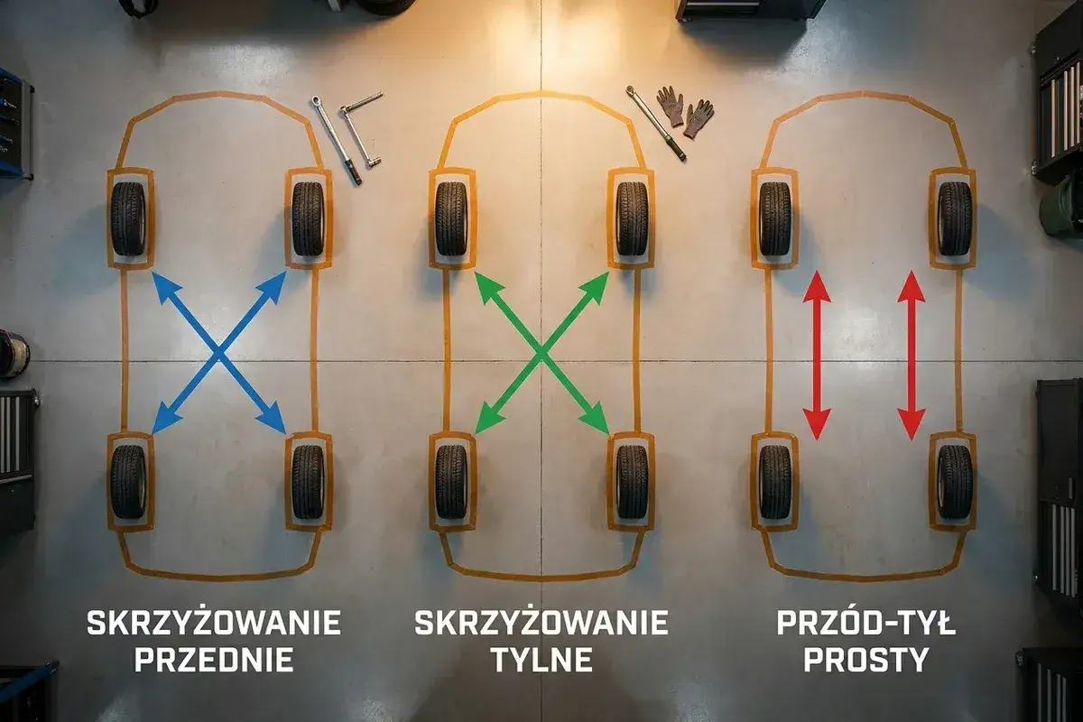 Schemat rotacji opon: skrzyżowanie przednie (niebieskie strzałki), skrzyżowanie tylne (zielone strzałki), przód-tył prosty (czerwone strzałki). Narzędzia do montażu.