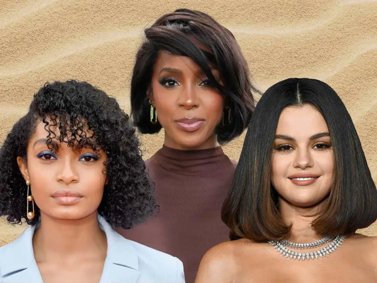 Drei Frauen mit unterschiedlichen Frisuren: eine mit lockigem, dickem Haar, eine mit einem stufigen Bob und eine mit glattem, dickem Haar.