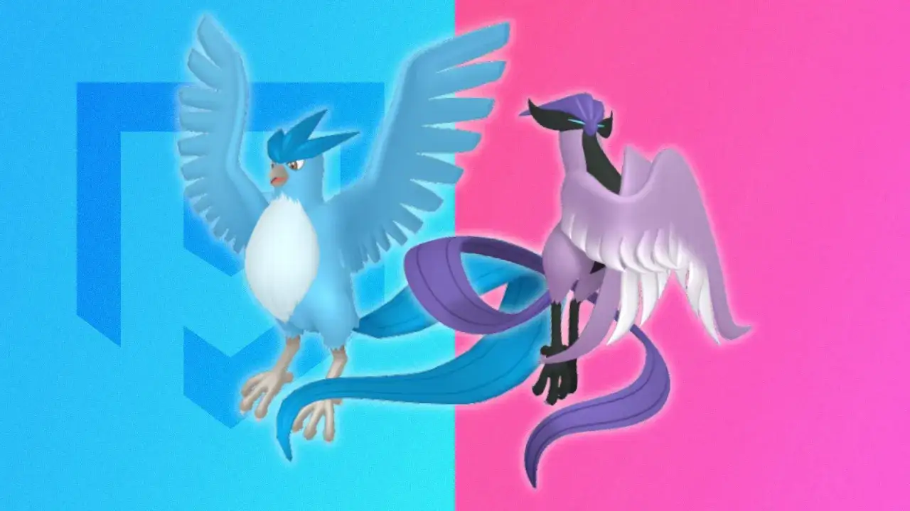 Dwa warianty Articuno, jeden niebieski, drugi fioletowy, na tle podzielonym na niebieski i różowy.