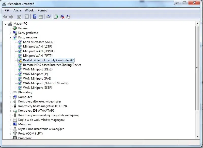 Menedżer urządzeń Windows z rozwiniętą sekcją kart sieciowych