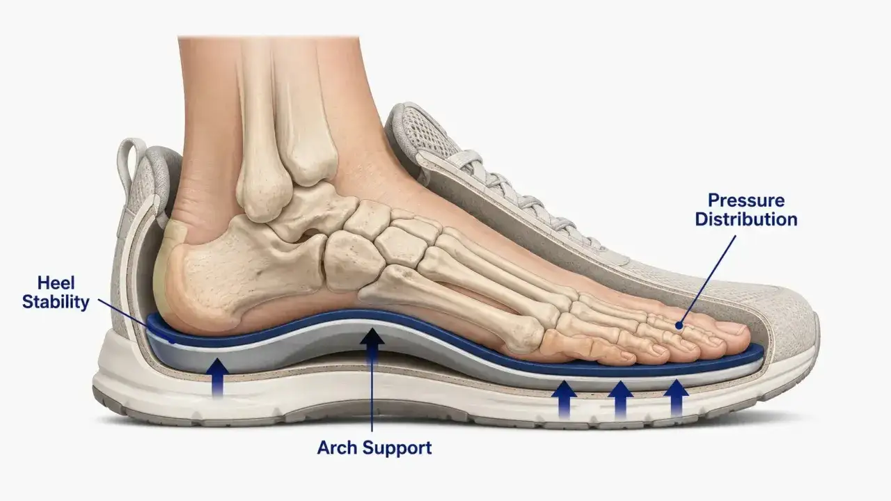 Schnitt durch einen Schuh, der die Anatomie des Fußes und die Funktionen der Sohle zeigt: Fersenstabilität, Fußgewölbestütze und Druckverteilung. Lauf Analyse.