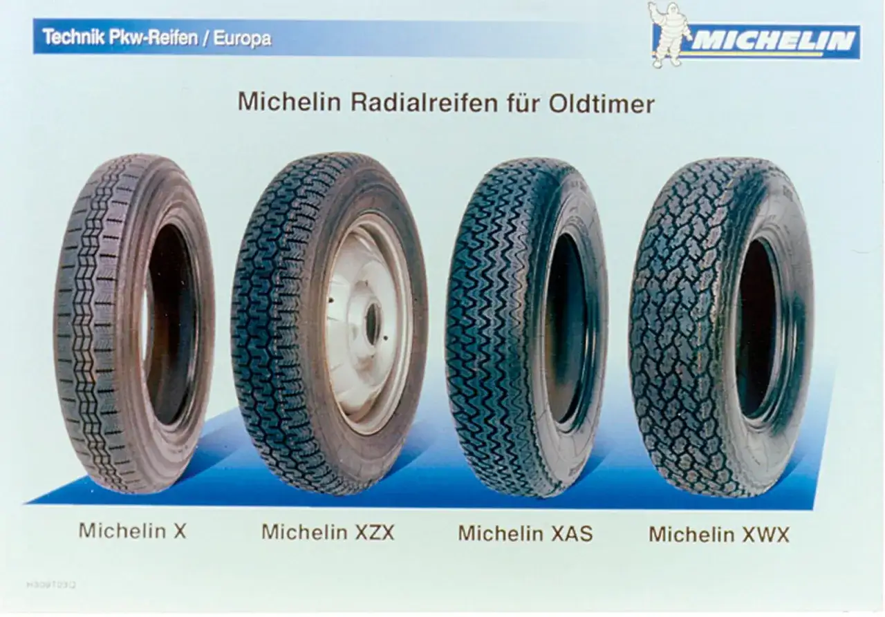 Vier Michelin-Reifen f&uuml;r Oldtimer: Michelin X, XZX, XAS und XWX. Einblicke in unterschied Radial und Diagonalreifen.