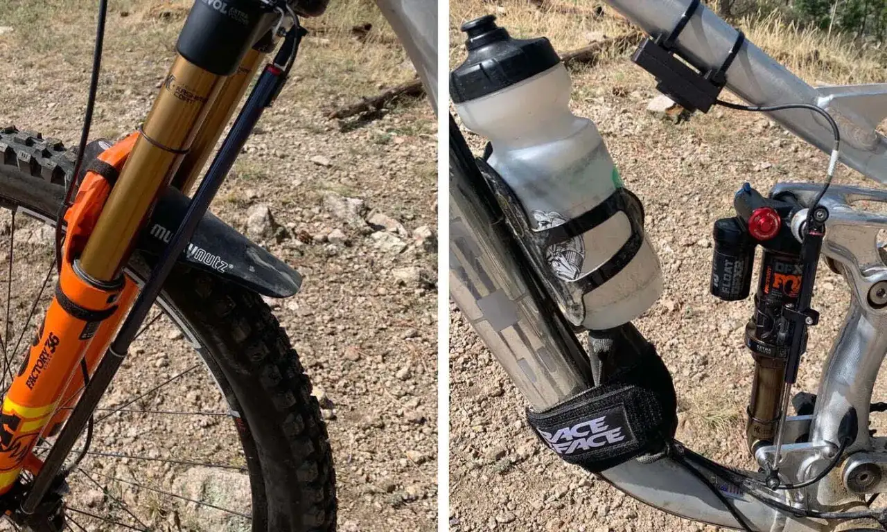 Close-up of an MTB showing front fork and rear shock, ready for mtb suspension tuning.